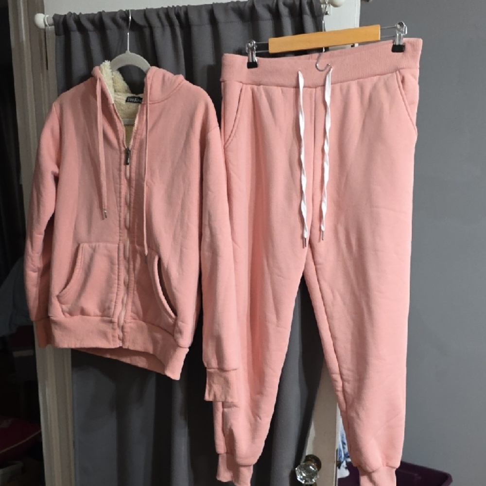 YeoKou Womens Hooded Sweatsuit Jogger Set Faux‎ Fur Lined Pockets Sz L EUC